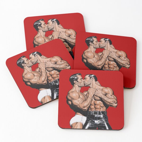 Item preview, Passionate Kiss in Leather and Briefs – Retro Comic Ink Art designed and sold by gayishdesign.