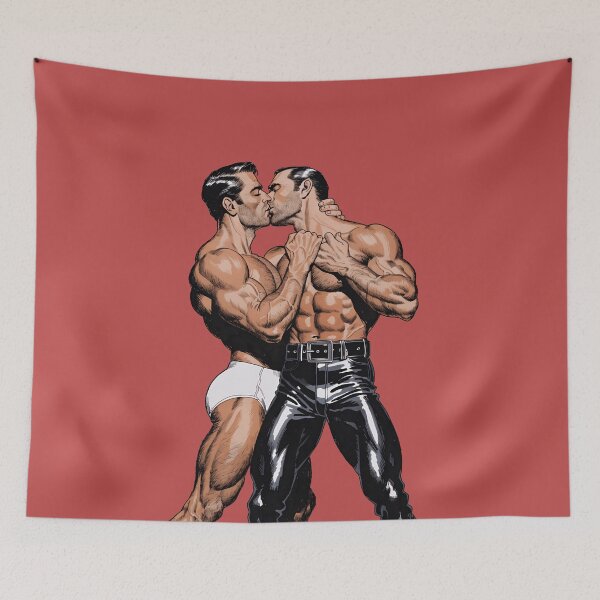 Item preview, Passionate Kiss in Leather and Briefs – Retro Comic Ink Art designed and sold by gayishdesign.