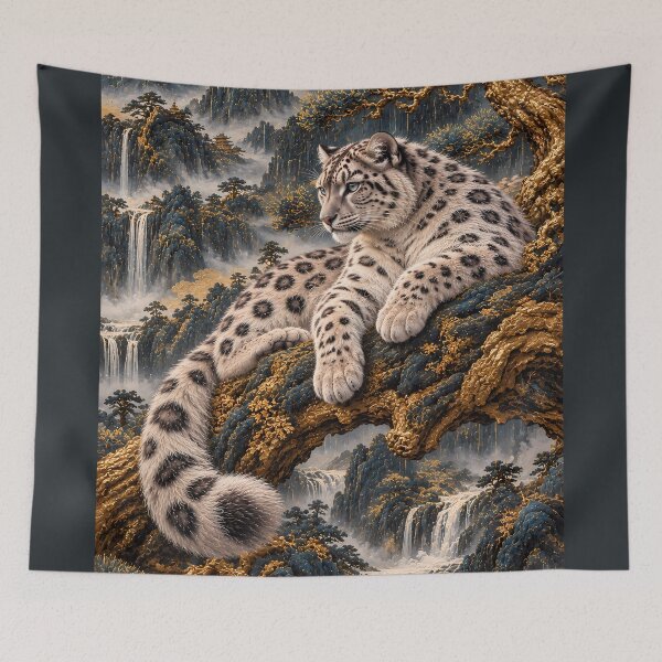 Item preview, Snow Leopard on Pine Tree – Chinese Mountain Landscape Wildlife Art designed and sold by ManJiangHong.