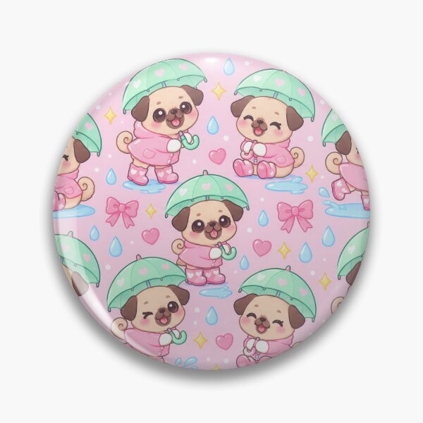 Item preview, Kawaii Rainy Day Pugs with Pink Heart Rain Boots and Mint Umbrellas designed and sold by Soft Berry Studio.