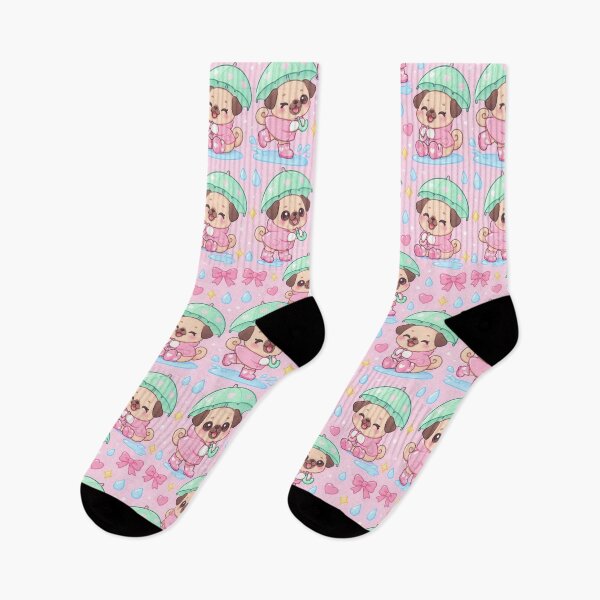 Item preview, Kawaii Rainy Day Pugs with Pink Heart Rain Boots and Mint Umbrellas designed and sold by Soft Berry Studio.