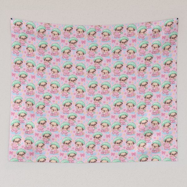 Item preview, Kawaii Rainy Day Pugs with Pink Heart Rain Boots and Mint Umbrellas designed and sold by Soft Berry Studio.