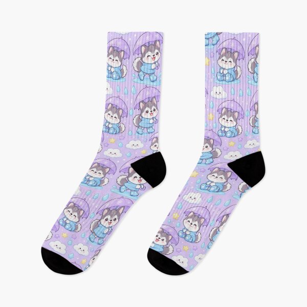 Item preview, Kawaii Rainy Day Husky Puppies with Snowflake Rain Boots and Lavender Umbrellas designed and sold by Soft Berry Studio.