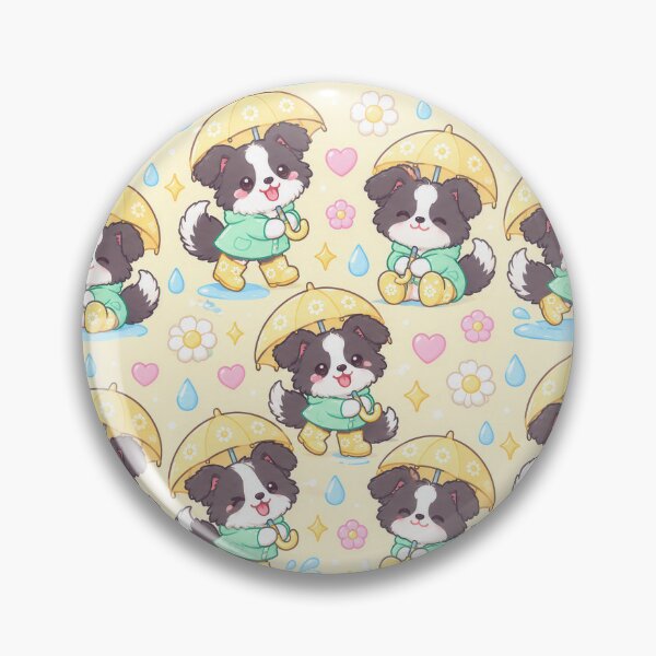 Item preview, Kawaii Rainy Day Border Collie Puppies with Daisy Rain Boots and Yellow Umbrellas designed and sold by Soft Berry Studio.