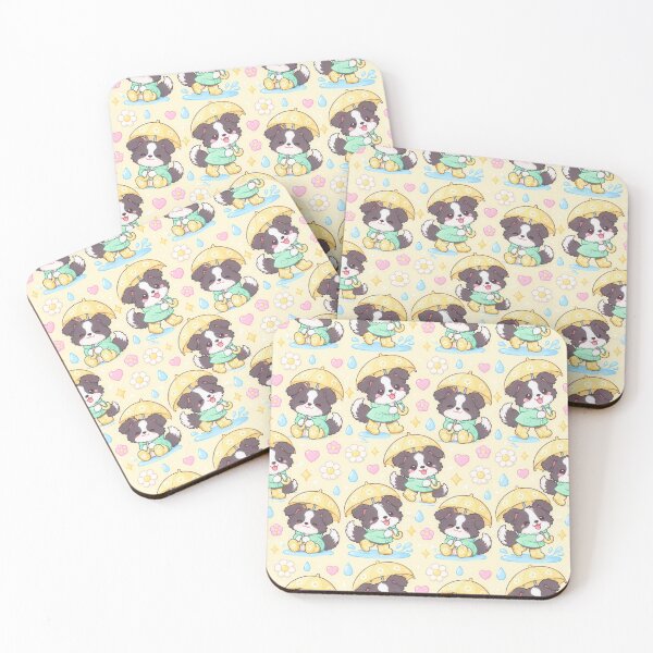 Item preview, Kawaii Rainy Day Border Collie Puppies with Daisy Rain Boots and Yellow Umbrellas designed and sold by Soft Berry Studio.