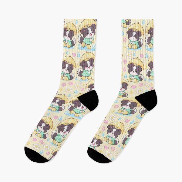 Item preview, Kawaii Rainy Day Border Collie Puppies with Daisy Rain Boots and Yellow Umbrellas designed and sold by Soft Berry Studio.