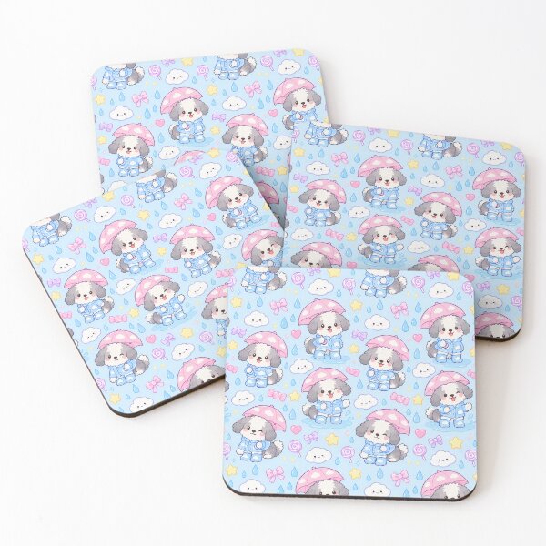 Item preview, Kawaii Rainy Day Sheepdog Puppies with Cloud Rain Boots and Pink Umbrellas designed and sold by Soft Berry Studio.