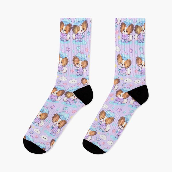 Item preview, Kawaii Rainy Day Papillon Puppies with Butterfly Rain Boots and Blue Umbrellas designed and sold by Soft Berry Studio.