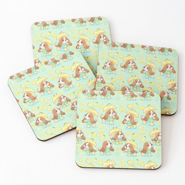 Item preview, Kawaii Rainy Day Basset Hound Puppies with Lemon Rain Boots and Yellow Umbrellas designed and sold by Soft Berry Studio.