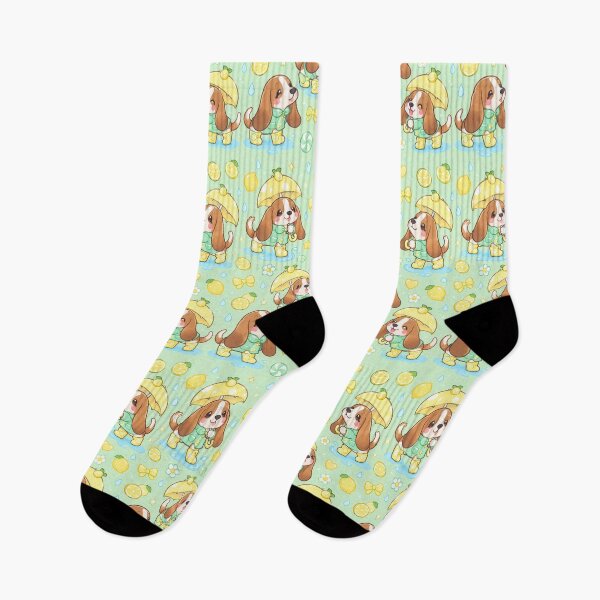 Item preview, Kawaii Rainy Day Basset Hound Puppies with Lemon Rain Boots and Yellow Umbrellas designed and sold by Soft Berry Studio.