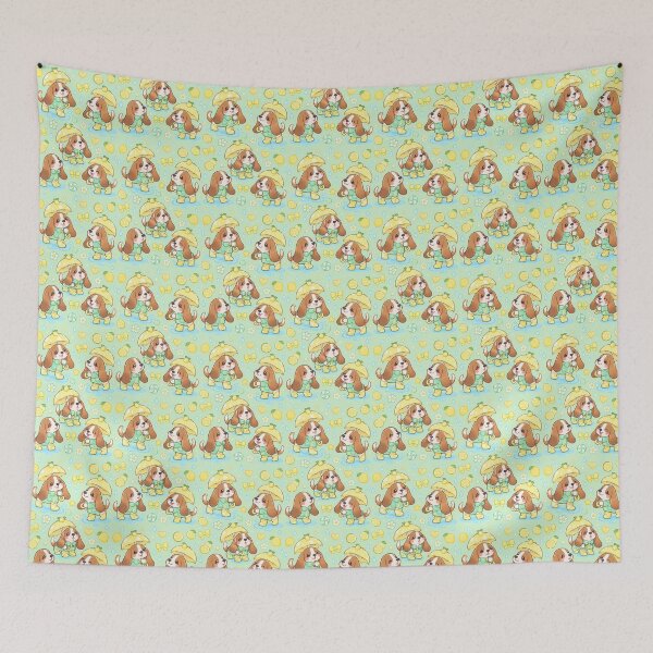 Item preview, Kawaii Rainy Day Basset Hound Puppies with Lemon Rain Boots and Yellow Umbrellas designed and sold by Soft Berry Studio.