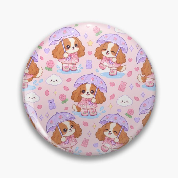 Item preview, Kawaii Rainy Day Cavalier Spaniel Puppies with Rose Rain Boots and Lavender Umbrellas designed and sold by Soft Berry Studio.