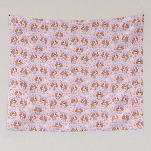 Item preview, Kawaii Rainy Day Cavalier Spaniel Puppies with Rose Rain Boots and Lavender Umbrellas designed and sold by Soft Berry Studio.
