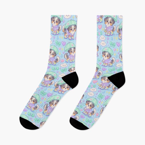 Item preview, Kawaii Rainy Day Australian Shepherd Puppies with Rainbow Rain Boots and Mint Umbrellas designed and sold by Soft Berry Studio.