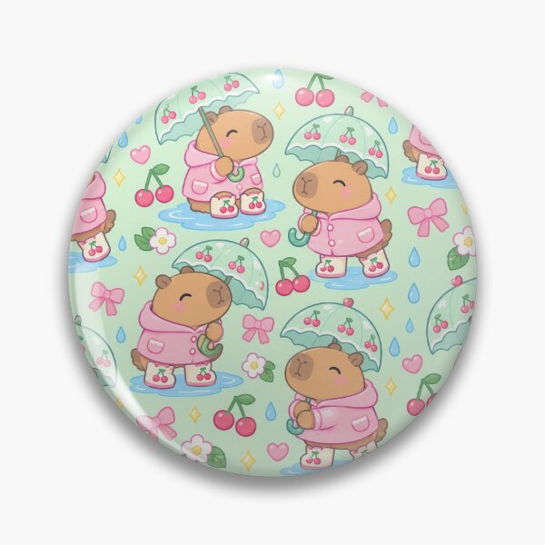 Item preview, Kawaii Capybara Rainy Day Pattern with Cherry Rain Boots and Mint Umbrellas designed and sold by Soft Berry Studio.