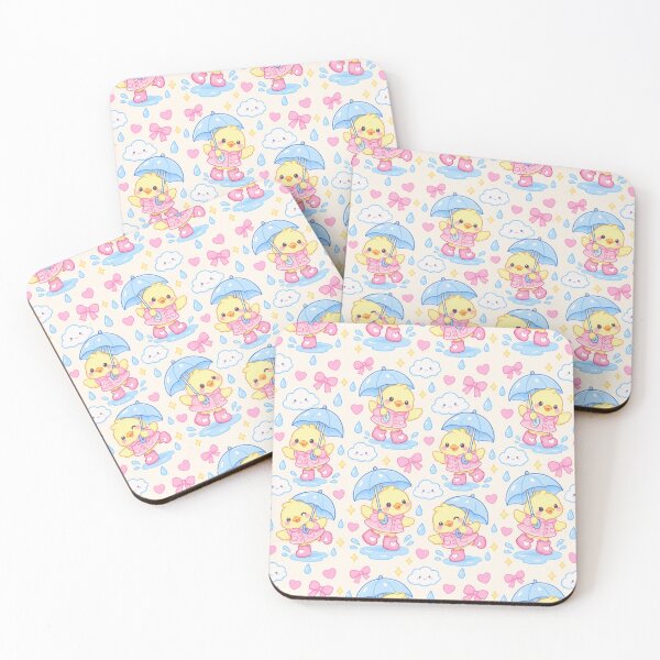 Item preview, Kawaii Duckling Rainy Day Pattern with Heart Rain Boots and Blue Umbrellas designed and sold by Soft Berry Studio.