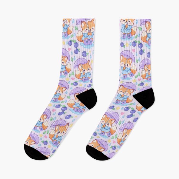 Item preview, Kawaii Fox Rainy Day Pattern with Blueberry Rain Boots and Lavender Umbrellas designed and sold by Soft Berry Studio.