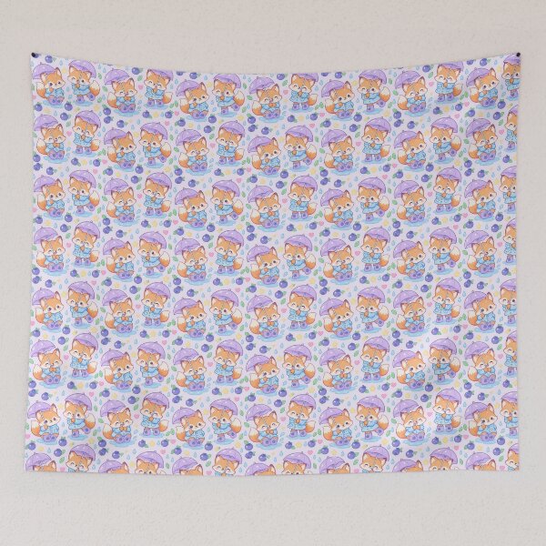 Item preview, Kawaii Fox Rainy Day Pattern with Blueberry Rain Boots and Lavender Umbrellas designed and sold by Soft Berry Studio.