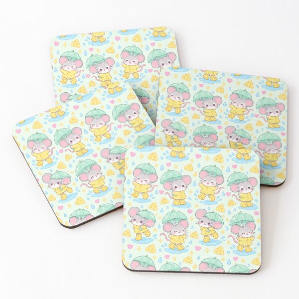 Item preview, Kawaii Mouse Rainy Day Pattern with Cheese Rain Boots and Mint Umbrellas designed and sold by Soft Berry Studio.