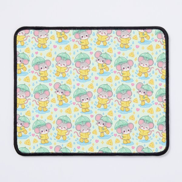Item preview, Kawaii Mouse Rainy Day Pattern with Cheese Rain Boots and Mint Umbrellas designed and sold by Soft Berry Studio.