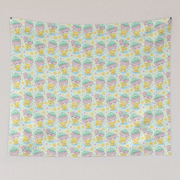 Item preview, Kawaii Mouse Rainy Day Pattern with Cheese Rain Boots and Mint Umbrellas designed and sold by Soft Berry Studio.