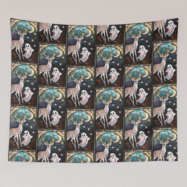 Item preview, Gothic stained glass window of a magic deer and a ghost designed and sold by BriSher.