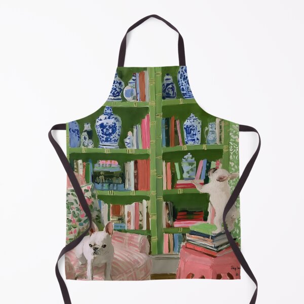 Item preview, French bulldogs in green library designed and sold by SophieClimaArt.