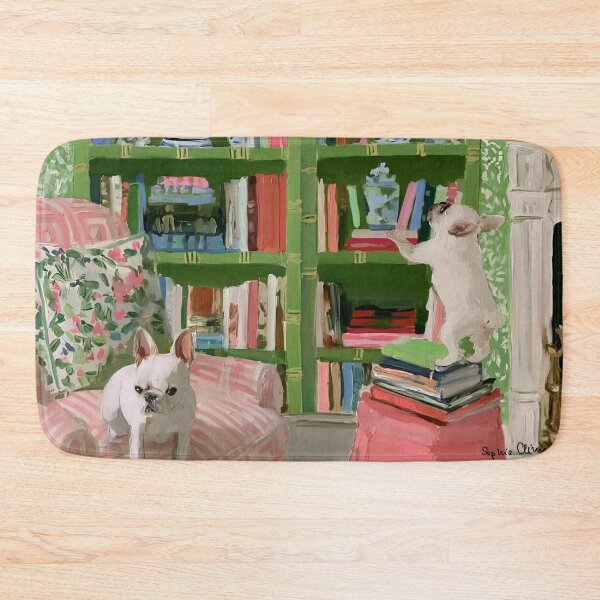 Item preview, French bulldogs in green library designed and sold by SophieClimaArt.