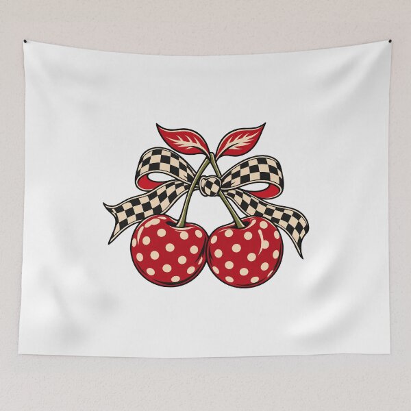 Item preview, Retro Polka Dot Cherries with Checkered Bow designed and sold by AMICO77.