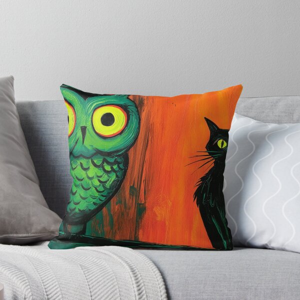 Item preview, Celebrate Halloween with a Mysterious Owl and Cat Perched Together in Bold Teal and Orange designed and sold by OlfactoART Studio.