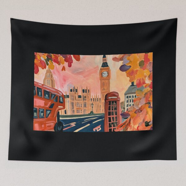 Item preview, Celebrate London in Fall with Big Ben, a Red Double-Decker Bus, and Vibrant Autumn Leaves designed and sold by OlfactoART Studio.