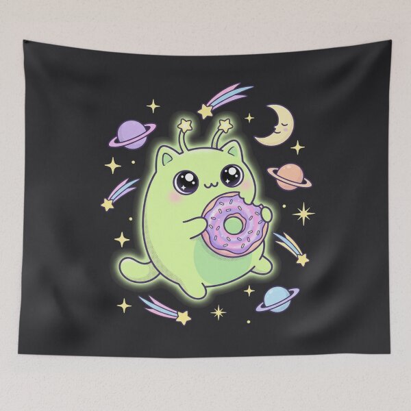 Item preview, Kawaii Alien Cat Eating Donut In Space - Cute Cosmic Kitty Art designed and sold by Driesman.