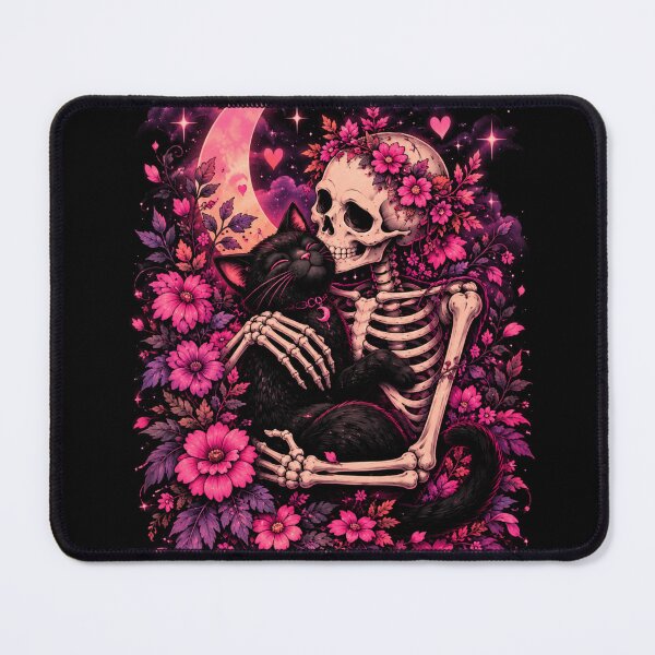 Item preview, Gothic Skeleton Cuddling Black Cat Pink Floral Art designed and sold by ElysianWardrobeCo.
