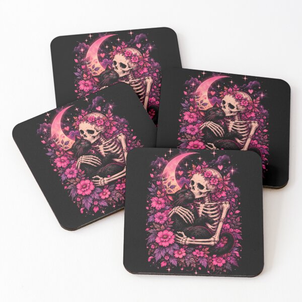 Item preview, Gothic Skeleton Cuddling Black Cat Pink Floral Art designed and sold by ElysianWardrobeCo.