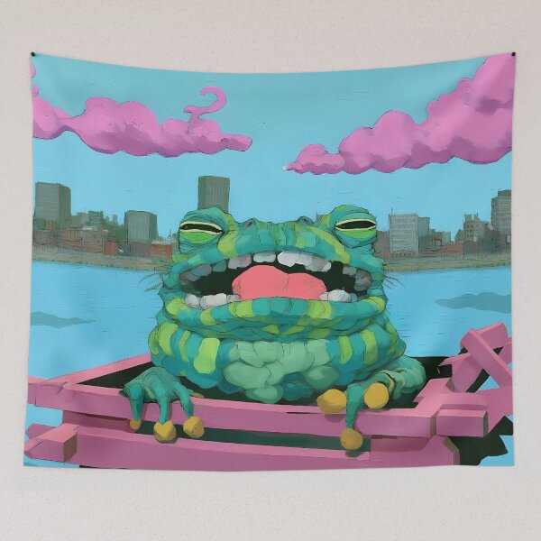 Item preview, Giant Green Toad Floating Wooden Raft City Skyline Art designed and sold by Lunat1kk.