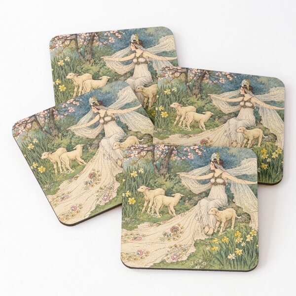 Item preview, Fairy Tale Wall Art, Woman and Lambs Enchanted Woodland Illustration, Warwick Goble Vintage Storybook Print designed and sold by RickE.