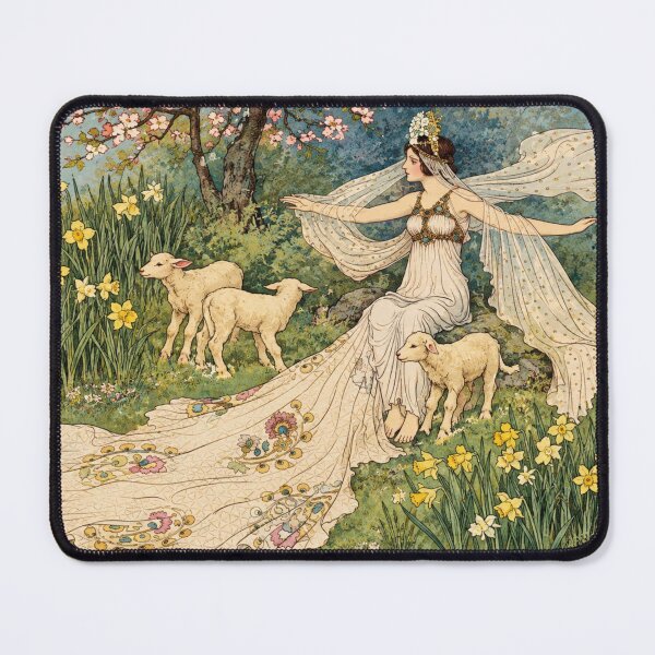 Item preview, Fairy Tale Wall Art, Woman and Lambs Enchanted Woodland Illustration, Warwick Goble Vintage Storybook Print designed and sold by RickE.