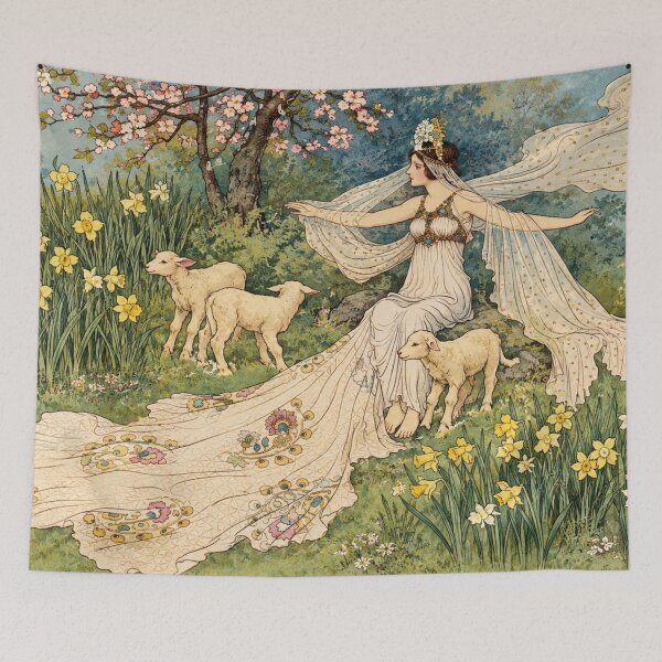 Item preview, Fairy Tale Wall Art, Woman and Lambs Enchanted Woodland Illustration, Warwick Goble Vintage Storybook Print designed and sold by RickE.