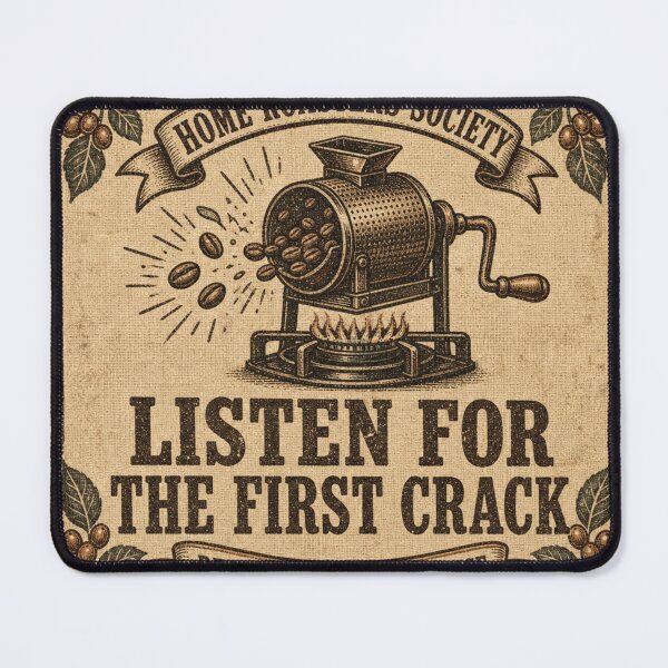 Item preview, Listen For The First Crack Coffee Roaster Badge designed and sold by BoosterShop.