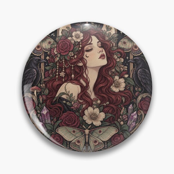 Item preview, Gothic Botanical Art Nouveau Woman with Ravens and Moths designed and sold by ElysianWardrobeCo.