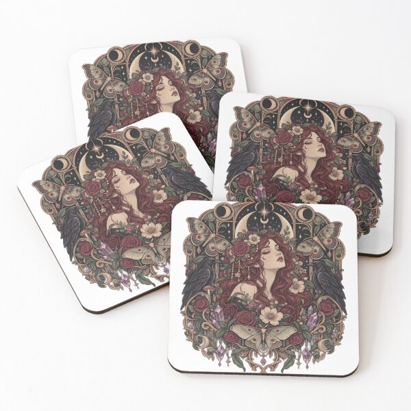Item preview, Gothic Botanical Art Nouveau Woman with Ravens and Moths designed and sold by Velvet Hex.
