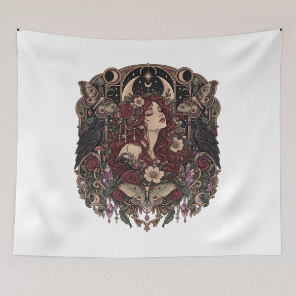 Item preview, Gothic Botanical Art Nouveau Woman with Ravens and Moths designed and sold by ElysianWardrobeCo.