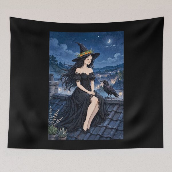 Item preview, The Witch and Her Raven Sitting on the Rooftop Under the Moonlight. designed and sold by DibujandoPorfa.