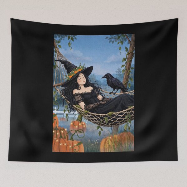 Item preview, The Witch and Her Raven Taking a Midnight Nap in a Hammock. designed and sold by DibujandoPorfa.