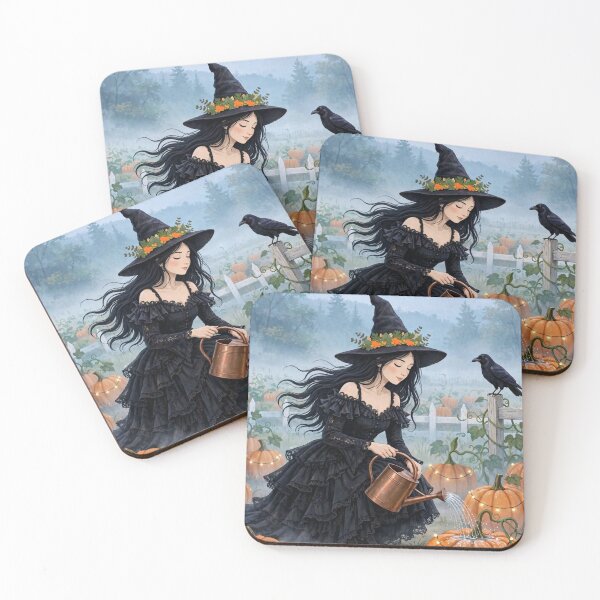 Item preview, The Witch and Her Raven Watering Their Pumpkin Patch. designed and sold by DibujandoPorfa.