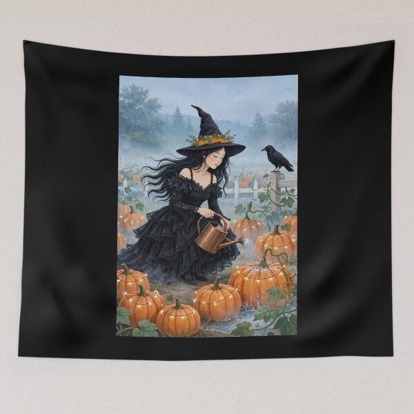 Item preview, The Witch and Her Raven Watering Their Pumpkin Patch. designed and sold by DibujandoPorfa.