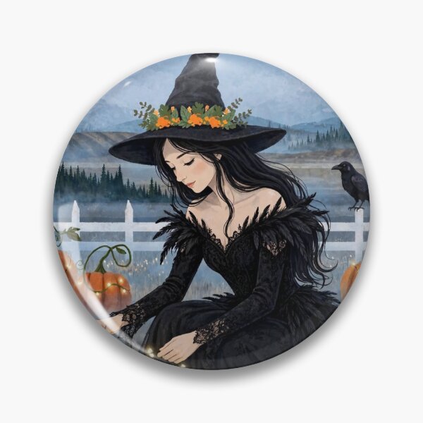 Item preview, The Witch and Her Raven Decorating Pumpkins with Twinkling Lights. designed and sold by DibujandoPorfa.