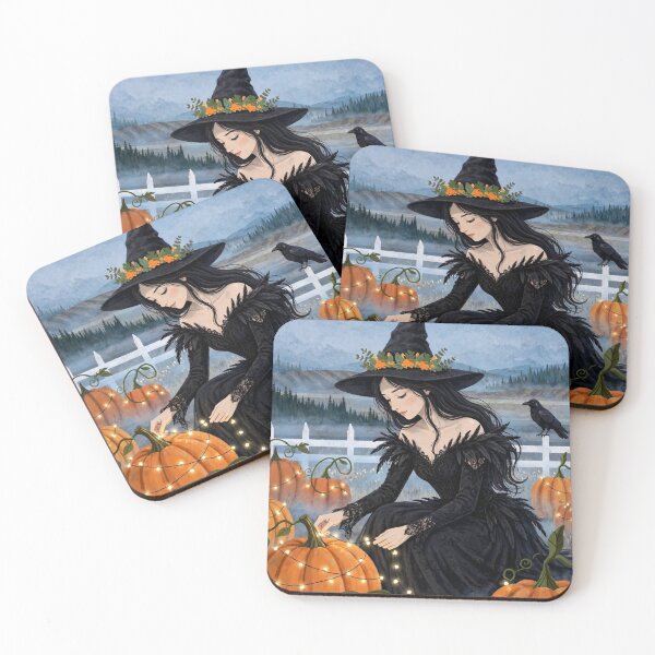 Item preview, The Witch and Her Raven Decorating Pumpkins with Twinkling Lights. designed and sold by DibujandoPorfa.