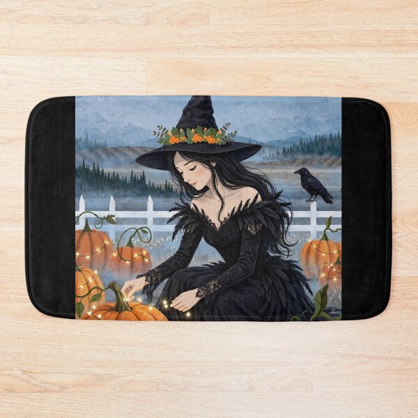 Item preview, The Witch and Her Raven Decorating Pumpkins with Twinkling Lights. designed and sold by DibujandoPorfa.