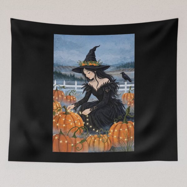 Item preview, The Witch and Her Raven Decorating Pumpkins with Twinkling Lights. designed and sold by DibujandoPorfa.